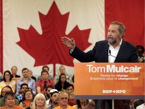 Federal NDP Leader Tom Mulcair speaks to supporters during a rally in Halifax on Sunday, Aug.30, 2015. Mulcair this week reiterated the NDP's pledge to end Canadian forces operations in Iraq and  Syria should his party form the government.