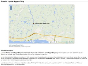 Commission de toponymie du Québec file on "Premier rapide Nigger-Eddy" north of Grenville.