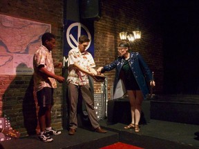 A Fat Man Dancing may seem like a mishmash, but it inspires plenty of hearty laughs throughout. Above: Patrick E. Abellard, Anton Golikov and Marie-Noël Cyr.