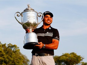 SHEBOYGAN, WI - AUGUST 16:  Jason Day of Australia poses with the Wanamaker trophy after winning the 2015 PGA Championship with a score of 20-under par at Whistling Straits on August 16, 2015 in Sheboygan, Wisconsin.
