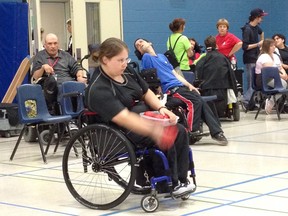 Alison Levine lines up a shot – like curling, boccia is a precision target sport.