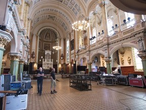 Preparations in the chapel at the Musée de l'Amérique francophone for the wedding of Quebec Opposition Leader Pierre-Karl Péladeau and Julie Snyderon  Thursday, Aug. 13, 2015, in Quebec City. More than guests will attend the event on Saturday, Aug. 15.