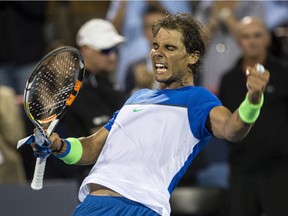 Rafael Nadal of Spain celebrates his victory over Mikhail Youzhny of Russia during round of sixteen play at the Rogers Cup tennis tournament Thursday August 13, 2015 in Montreal.