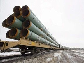Rail cars arrive in Milton, N.D., loaded with pipe for TransCanada's Keystone Pipeline project.