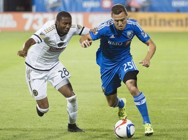 Montreal Impact's Donny Toia, right, challenges Philadelphia Union's Raymon Gaddis during first half MLS soccer action in Montreal, Saturday, August 22, 2015.