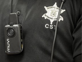 Deputy Billy Jones wears his body camera on his chest at the Richmond County Sheriff's Office substation in Augusta, Ga.