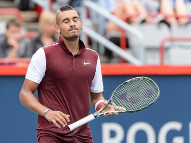 Nick Kyrgios of Australia reacts during day two of the Rogers Cup against Fernando Verdasco of Spain at Uniprix Stadium on August 11, 2015 in Montreal, Quebec, Canada.  Nick Kyrgios defeated Fernando Verdasco 6-3, 4-6, 6-4.