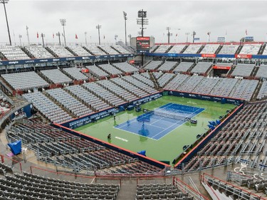 Play is suspended due to rain during day two of the Rogers Cup at Uniprix Stadium on August 11, 2015 in Montreal, Quebec, Canada.
