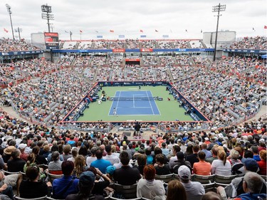 General view of Uniprix Stadium during the match between Novak Djokovic of Serbia and Jack Sock of the USA on day four of the Rogers Cup on August 13, 2015 in Montreal, Quebec, Canada.  Novak Djokovic defeated Jack Sock 6-2, 6-1.