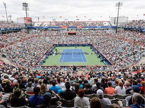 General view of Uniprix Stadium during the match between Novak Djokovic of Serbia and Jack Sock of the USA on day four of the Rogers Cup on August 13, 2015 in Montreal, Quebec, Canada.