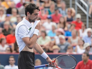 Jeremy Chardy of France reacts after losing a point against Novak Djokovic of Serbia during day six of the Rogers Cup at Uniprix Stadium on August 15, 2015, in Montreal. Novak Djokovic defeated Jeremy Chardy 6-4, 6-4.