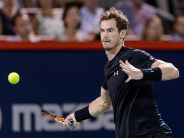 Andy Murray of Great Britain prepares to hit the ball against Kei Nishikori of Japan during day six of the Rogers Cup at Uniprix Stadium on August 15, 2015, in Montreal.