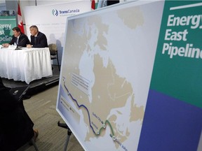 The Energy East pipeline proposed route is pictured as TransCanada officials speak during a news conference.