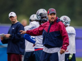 Montreal Alouettes receivers coach Anthony Calvillo takes part in the Montreal Alouettes training camp at Bishop's University in Lennoxville, Quebec on Sunday, May 31, 2015.