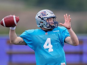 Quarterback Tanner Marsh takes part in the Montreal Alouettes training camp at Bishop's University in Lennoxville, Quebec on Sunday, May 31, 2015.