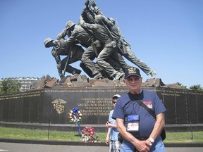 Sid Birns, in front of the Iwo Jima Sculpture.  Birns visit to the WWII memorials was part of the Honor Flight all day visit to Washington, D.C.