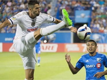 Montreal Impact's Johan Venegas, right, challenges Philadelphia Union's Steven Vitoria during first half MLS soccer action in Montreal, Saturday, August 22, 2015.
