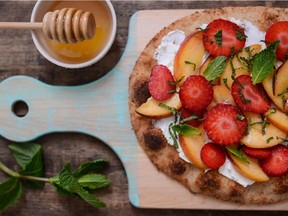 Strawberries, peaches and goat cheese combine in a pizza in this recipe from Chef Melissa Clement of Les Fraîches du Québec, the growers' strawberry promotion organization. For the recipe, in French, visit fraisesetframboisesduquebec.com.