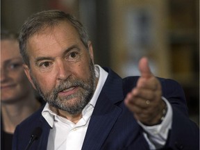 Federal New Democratic Party leader Thomas Mulcair speaks to the media Tuesday, August 11, 2015  in Mascouche.