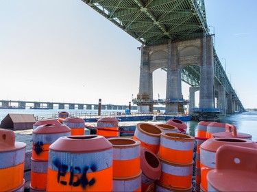 A view of construction cones and the underneath of the Champlain bridge undergoing repairs as seen towards the northern end in Montreal on Friday, September 4, 2015.