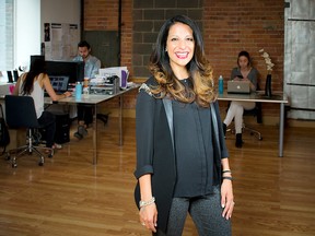 Priya Chopra, who has a son and daughter and is expecting her third child in November, is photographed in her Griffintown office on Prince Street. She is wearing a top and pants by Vera Moda and accessories by Links of London, Swarovski.