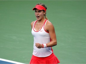 Eugenie Bouchard celebrates defeating Polona Hercog of Slovenia during their Women's Singles Second Round match on Day Three of the 2015 US Open at the USTA Billie Jean King National Tennis Center on September 2, 2015 in the Flushing neighbourhood of the Queens borough of New York City.