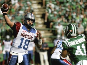 Montreal Alouettes' quarterback Jonathan Crompton makes a pass attempt during first-half CFL action in Regina on Sunday, Sept. 27, 2015.