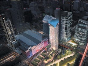 An artist's rendering of Cadillac Fairview's Quad Windsor development project, covering 5 million square feet around the Bell Centre in Montreal. Phase 2 of the Tour des Canadiens is pictured in the centre.