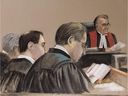 Artitsts renditions of the scene from the court hearings of Valery Fabrikant in Montreal in 2007. 