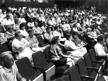 A group gathers at Concordia University on August 25, 1992 to talk about the previous day's shooting spree by Valery Fabrikant.