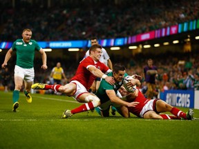 Jonathan Sexton of Ireland scores his teams third try during the 2015 Rugby World Cup Pool D match between Ireland and Canada at the Millennium Stadium on Sept. 19, 2015, in Cardiff, United Kingdom.