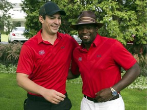 Canadiens goaltender Carey Price has a laugh with defenceman P.K. Subban before start of the team's annual charity golf tournament on Sept. 10, 2015 at Laval-sur-le-Lac.