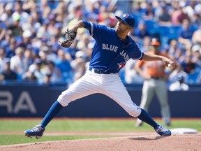 Toronto Blue Jays' starting pitcher David Price works against the Baltimore Orioles during first inning MLB baseball action in Toronto on Saturday, Sept. 5, 2015.