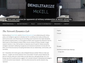 Demilitarize McGill website post about Dr. Derek Ruths's research. Ruths denies his work has anything to do with the military.