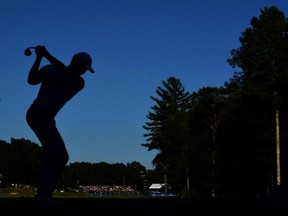 Henrik Stenson of Sweden hits his tee shot on the 18th hole during round three of the Deutsche Bank Championship at TPC Boston on September 6, 2015, in Norton, Mass.