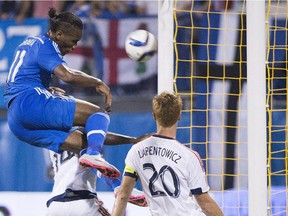 The Impact's Didier Drogba scores his third goal of the game against the Chicago Fire during MLS action at Montreal's Saputo Stadium on Sept. 5, 2015. The Impact won the game 4-3.
