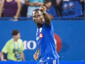 The Impact's Didier Drogba reacts after scoring against the Chicago Fire during MLS game at Montreal's Saputo Stadium on Sept. 5, 2015.