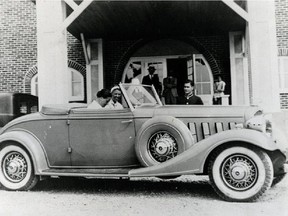 Eleanor Roosevelt at the wheel, Lorena Hickok passenger, Hotel Belle Plage, Matane, July 15 or 16, 1933.