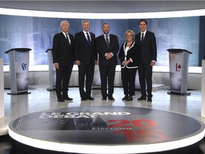 Bloc Québécois Leader Gilles Duceppe, left, Conservative Leader and Prime Minister Stephen Harper, New Democratic Party Leader Thomas Mulcair, Green Party Leader Elizabeth May and Liberal Leader Justin Trudeau at the French-language leaders' debate in Montreal on Sept. 24.