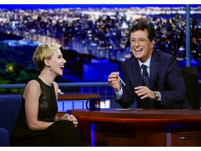 Stephen Colbert with guest Scarlett Johansson during a taping of The Late Show with Stephen Colbert, Wednesday, Sept. 9, 2015. It was all a little awkward.