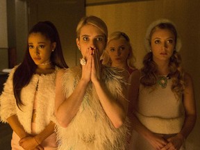 Fear and laughing: Ariana Grande, from left, Emma Roberts, Abigail Breslin and Billie Lourd in the Scream Queens.
