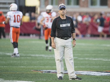 Montreal Alouettes' general manager and head coach Jim Popp looks on during the warm up prior to a CFL football game against the B.C. Lions in Montreal on Thursday, September 3, 2015.