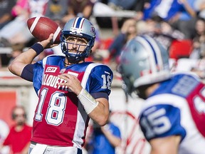 Montreal Alouettes' quarterback Jonathan Crompton throws a pass to Samuel Giguère during second half CFL football action against the Winnipeg Blue Bombers in Montreal, Sunday, Sept. 20, 2015.
