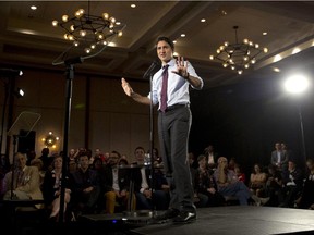 Liberal leader Justin Trudeau speaks to supporters during a campaign event in Toronto, Monday September 21, 2015.
