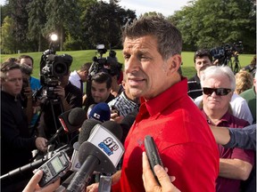 Canadiens general manager Marc Bergevin speaks with the media before the team's annual charity golf tournament at Laval-sur-le-Lac on Sept. 10, 2015.