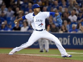 Toronto Blue Jays starting pitcher Marcus Stroman works against the Boston Red Sox during first inning AL baseball action in Toronto on Friday, September 18, 2015.