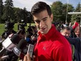 Canadiens forward Max Pacioretty speaks with the media before the team's annual charity golf tournament on Sept. 10, 2015, at Laval-sur-le-Lac.