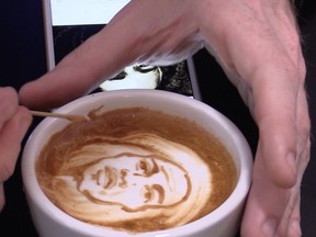 Michael Breach's Bob Marley latte art with a toothpick.