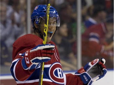 Montreal Canadiens forward Jamal Watson celebrates his first period goal against the Toronto Maple Leafs during their NHL Rookie Tournament hockey game at Budweiser Gardens in London, Ont., on Saturday, September 12, 2015.