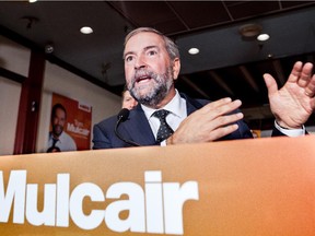 Federal NDP leader Tom Mulcair campaigns  Aug. 28, 2015 in Montreal.